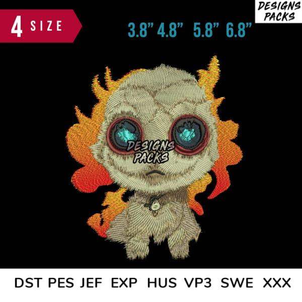 Cute ghost embroidery design with fiery halo, available in 4 sizes & multiple formats for instant download.