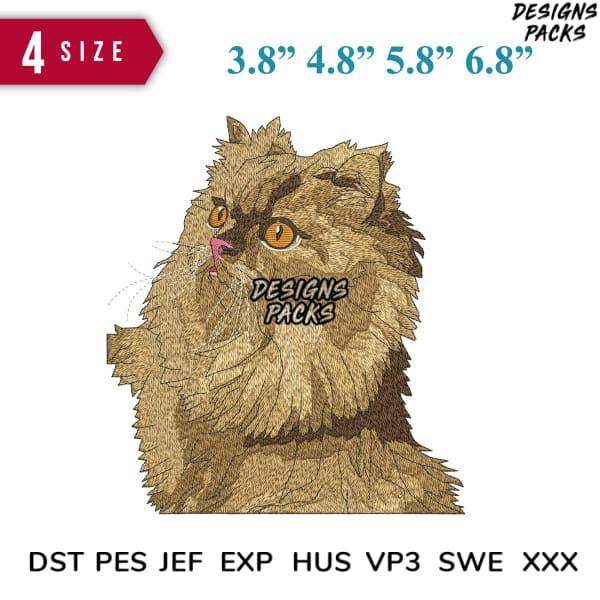 Fluffy cat embroidery design in 4 sizes, PES DST JEF formats for instant download
