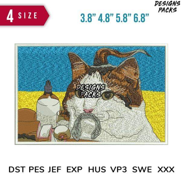Embroidery design of cat with mustache, available in PES, DST, JEF formats, 4 sizes for instant download