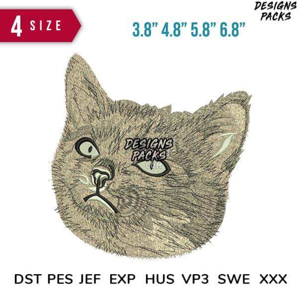 Embroidery design of a cat face in 4 sizes, compatible with DST PES JEF formats for instant download