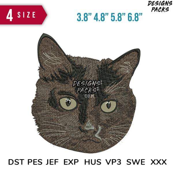 Embroidery design of a cat face in 4 sizes, available in DST, PES, JEF formats for instant download.