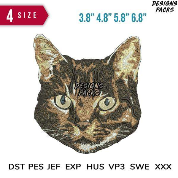 Embroidery design of a tabby cat face in 4 sizes, compatible with DST PES JEF formats for instant download.