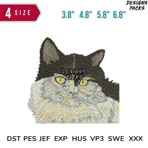 Embroidery design of a fluffy black and white cat with yellow eyes, available in multiple sizes and formats.