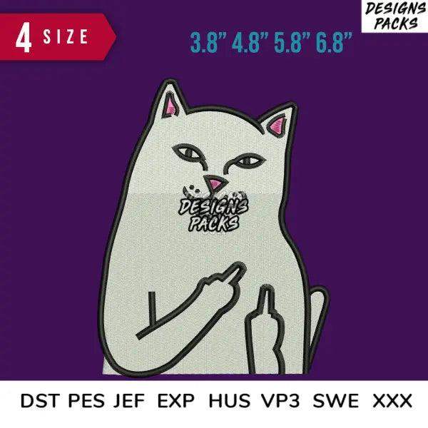 Sassy white cat embroidery design with middle fingers, 4 sizes, DST PES JEF formats for instant download