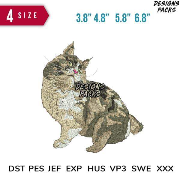 Embroidery design of a tabby cat in 4 sizes, compatible with DST PES JEF formats for machine embroidery projects.