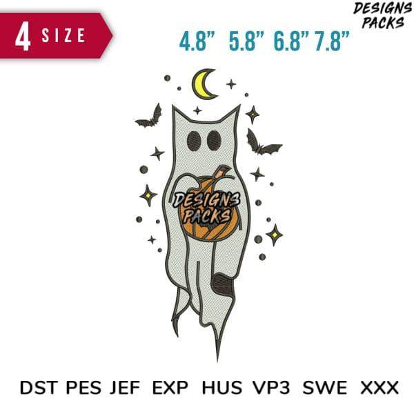 Halloween ghost holding pumpkin with bats, stars, and moon, available in 4 sizes for embroidery designs