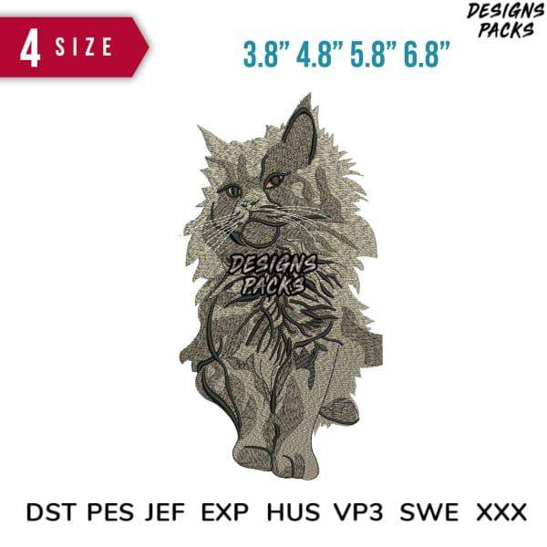Fluffy cat embroidery design in 4 sizes, compatible with DST PES JEF formats for instant download.