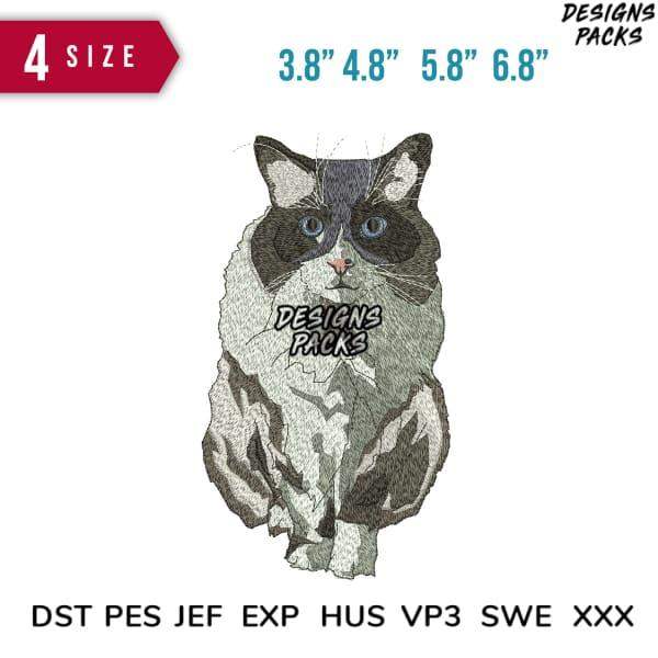 Embroidery design of a black and white cat in 4 sizes, compatible with DST PES JEF formats for instant download.