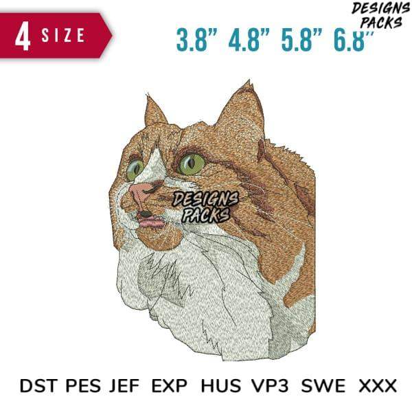 Embroidery design of a cat face in 4 sizes, compatible with DST PES JEF formats for instant download.