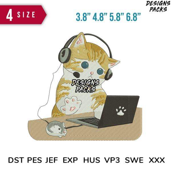 Cute cat with headphones using laptop, embroidery design in 4 sizes, DST PES JEF formats