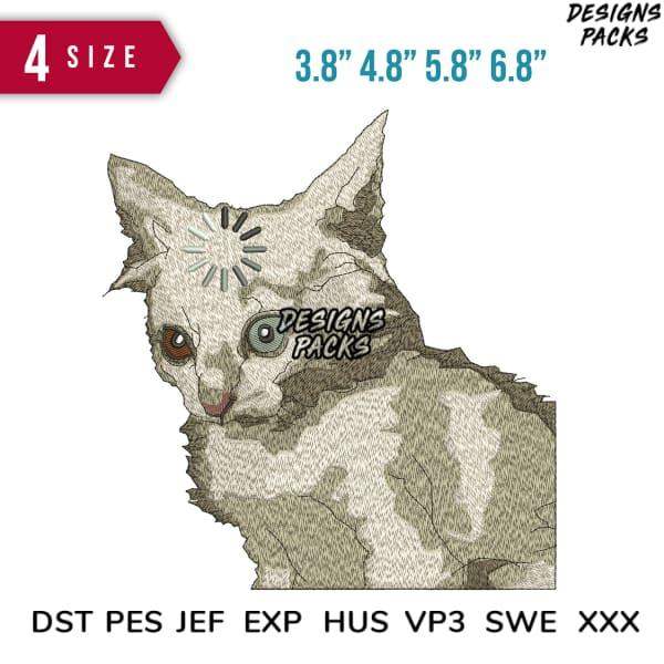 Embroidery design of a cat with 4 size options, compatible with DST PES JEF formats for instant download.