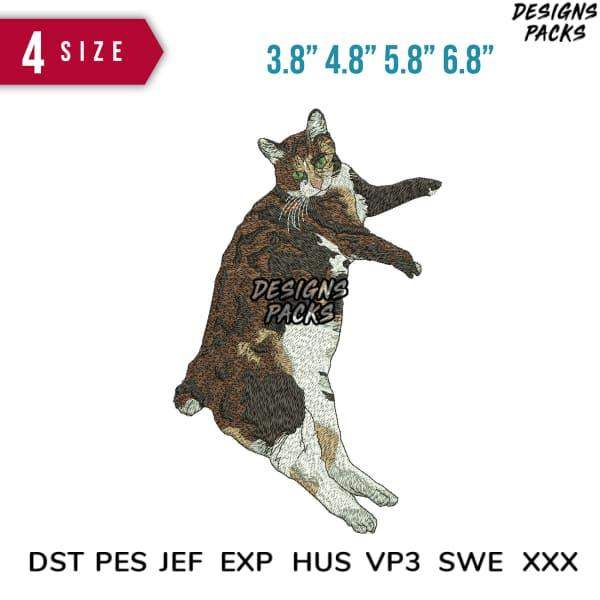 Embroidery design of a playful cat in 4 sizes, compatible with DST PES JEF formats for instant download.