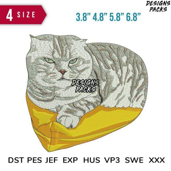 Embroidery design of a gray tabby cat on a yellow cushion, available in multiple sizes and formats