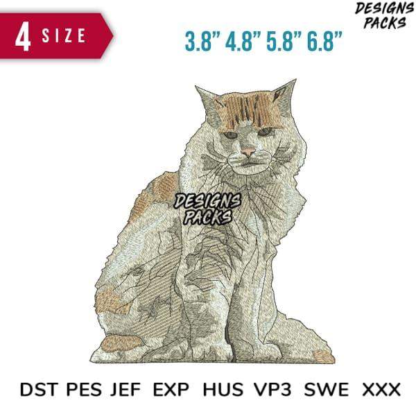 Embroidery design of a fluffy cat in 4 sizes, available in DST PES JEF formats for instant download.