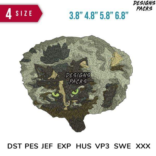 Embroidery design of a cat face in camouflage, available in PES, DST, JEF formats, 4 sizes