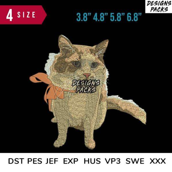 Cute cat embroidery design with bow, available in 4 sizes & multiple formats for instant download.