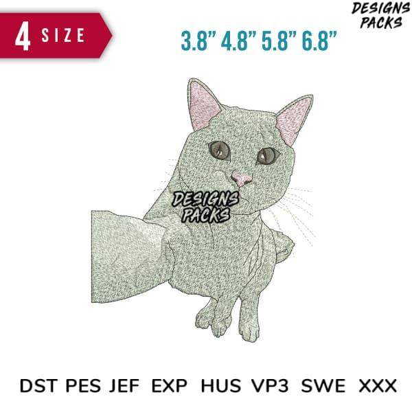 Embroidery design of a gray cat in 4 sizes, available in DST, PES, JEF formats for instant download.