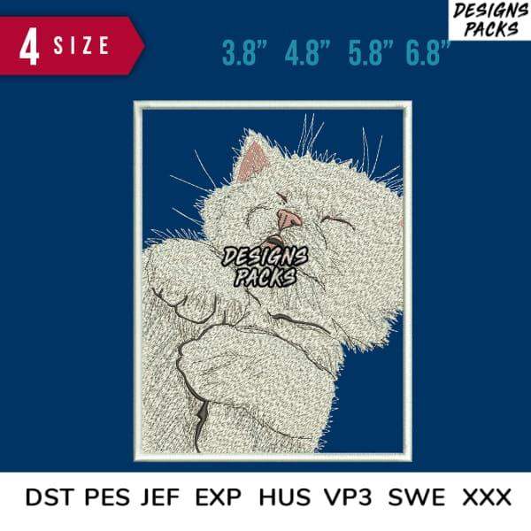 Cute sleeping cat embroidery design in 4 sizes, available in DST, PES, JEF formats for instant download.