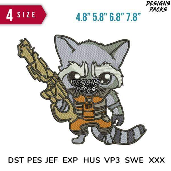 Cute raccoon in orange vest holding gun, embroidery design in 4 sizes, DST PES JEF formats
