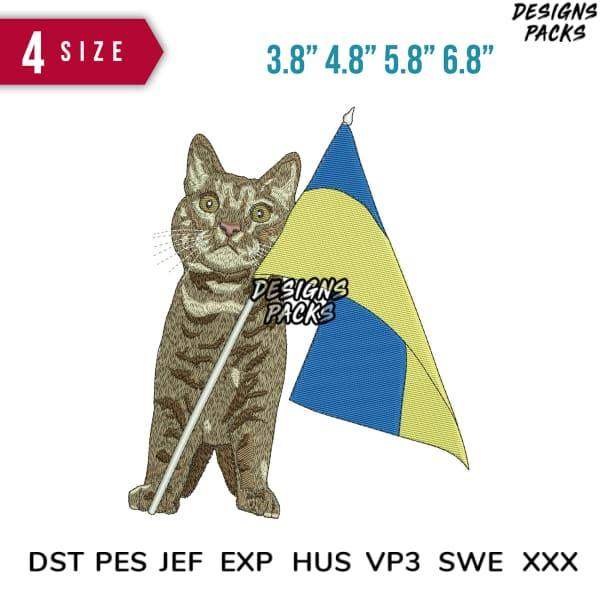 Embroidery design of tabby cat holding blue and yellow flag, available in 4 sizes and multiple formats