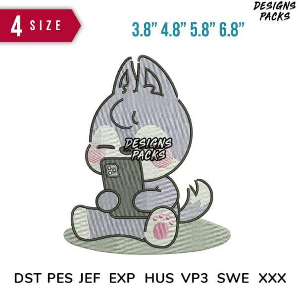 Cute gray cat embroidery design holding phone, 4 sizes, DST PES JEF formats, print-ready for DTG/DTF