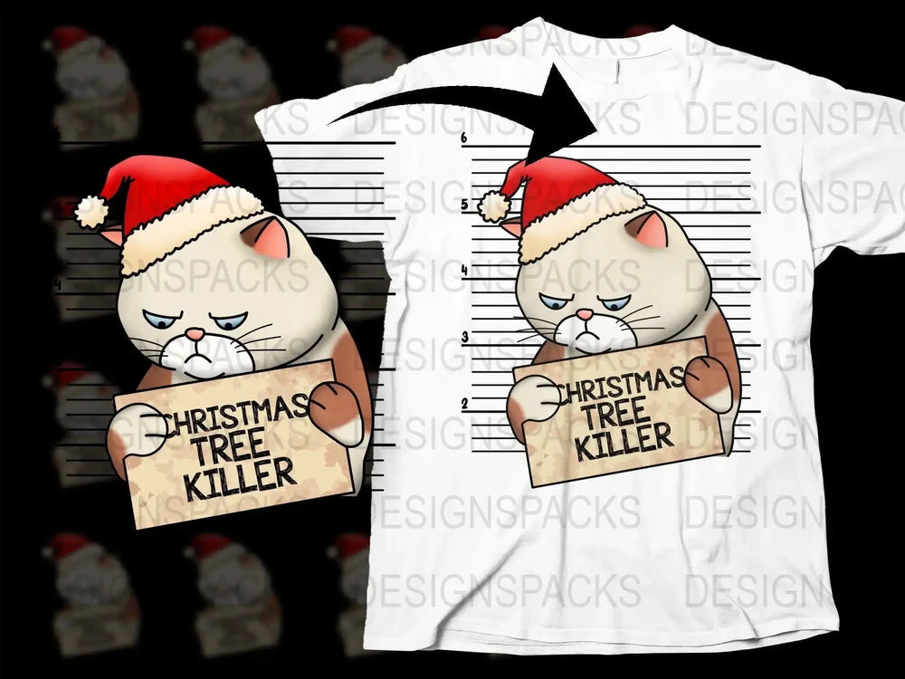 Cat with Santa Hat Christmas Tree Killer Png Digital Download