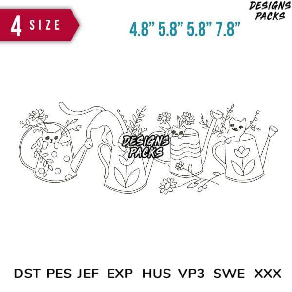 Cute cat in watering can embroidery designs, 4 sizes, DST PES JEF formats for instant download