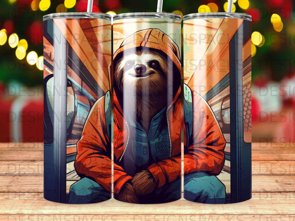 Sloth wearing an orange hoodie and blue jacket, sitting.