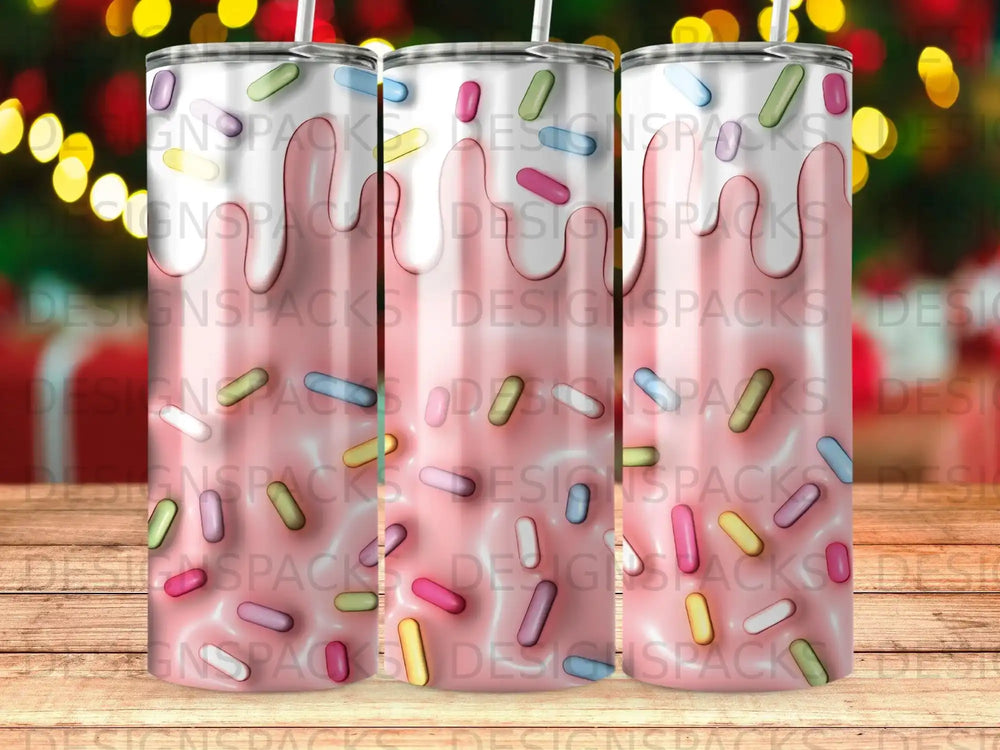 Pink dripping glaze with sprinkles on a tumbler.