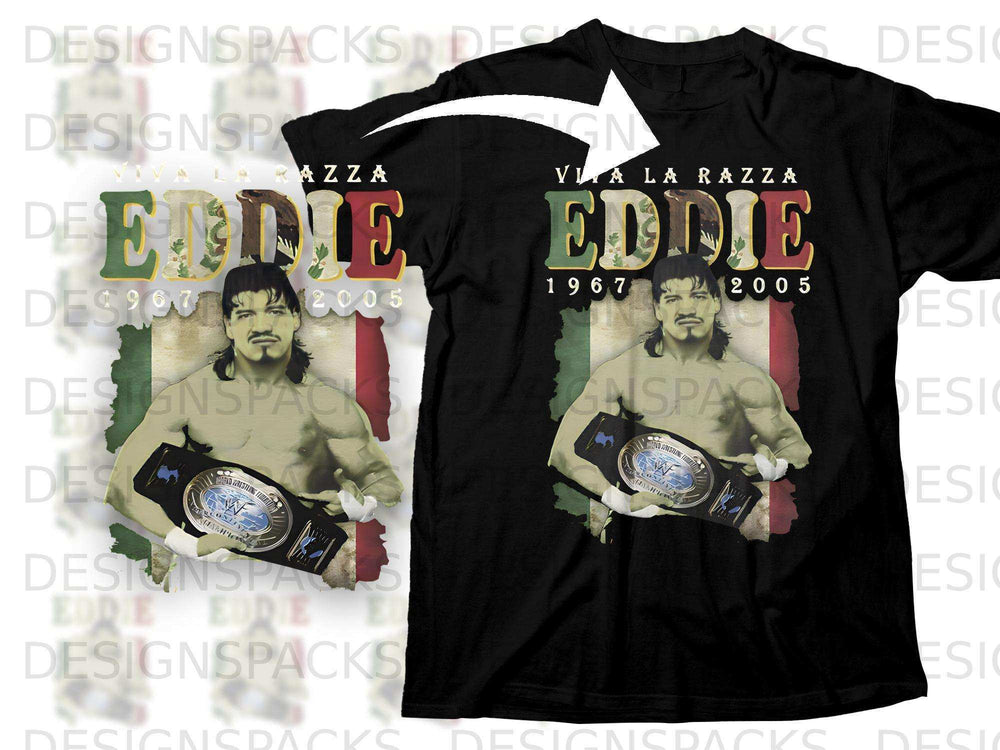 Black t-shirt with "Eddie" and "Viva La Razza" in red and yellow, featuring wrestler Eddie Guerrero.