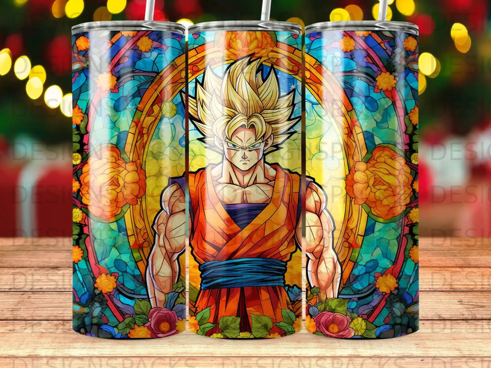 Goku in stained glass style, surrounded by floral patterns, on a tumbler.