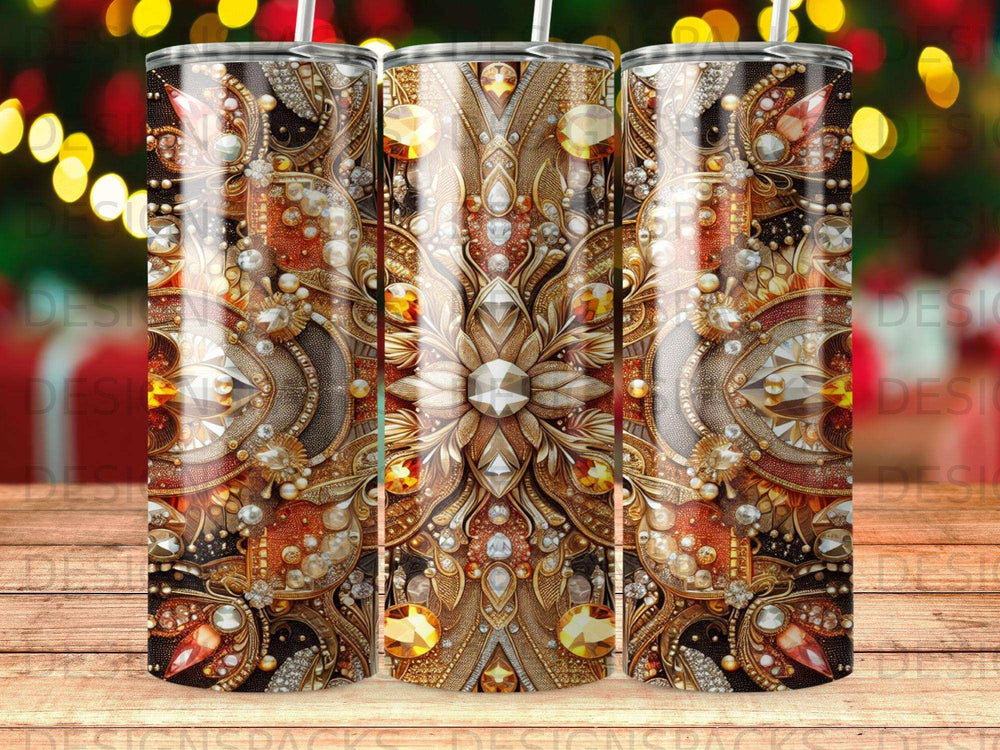 Ornate, jeweled tumbler with ornate patterns and blurred bokeh lights background.