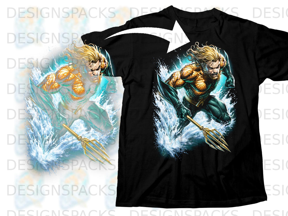 Black t-shirt with Aquaman mid-air with trident, surrounded by water splashes.