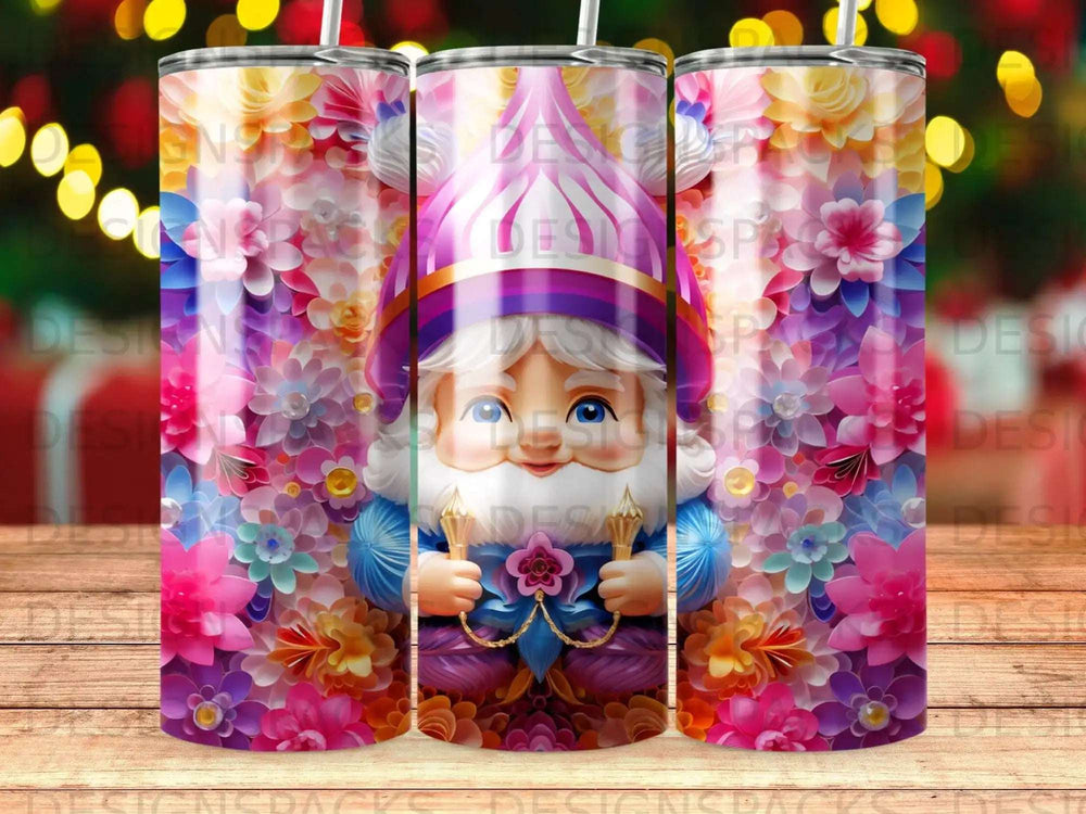 Gnome in floral pattern holding two flower stems, repeated three times.