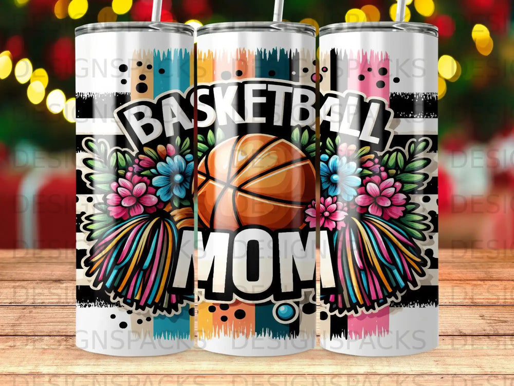 Basketball Mom tumbler with orange basketball and colorful floral accents.
