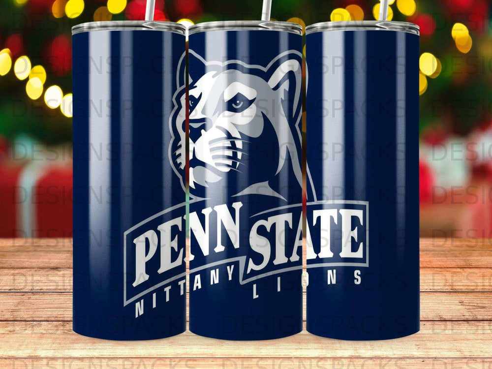 Penn State Nittany Lions logo on a blue tumbler.