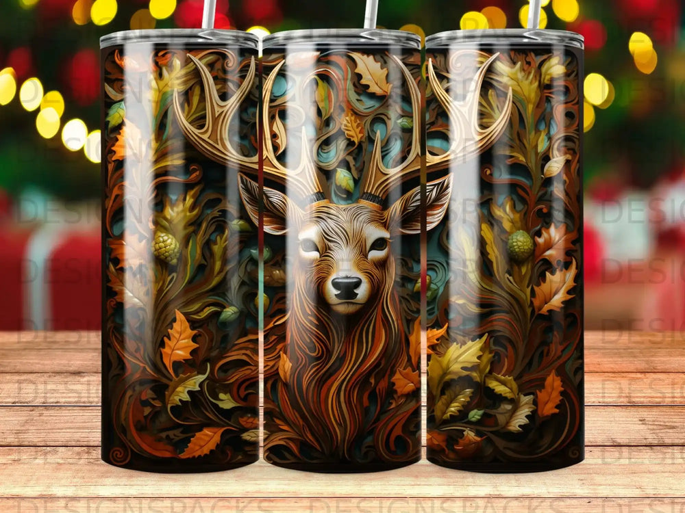 Detailed deer illustration on a tumbler with autumn leaves and abstract background.