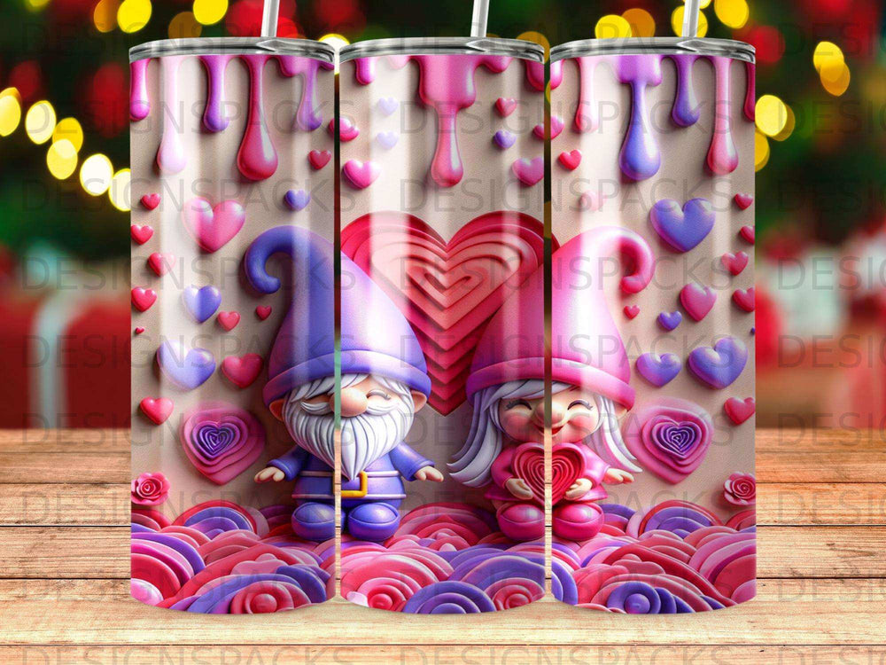 Two gnomes with hearts, one holding a pink heart.