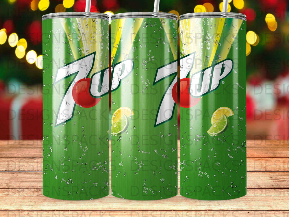 Green 7UP tumbler with lemon slices and water droplets.