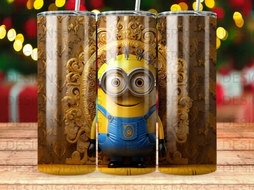 Minion character in overalls on a gold ornate background.