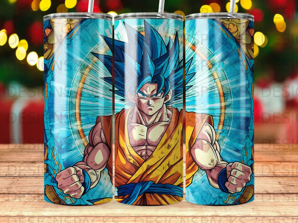 Goku with blue hair in Super Saiyan form, clenched fists, bright aura.