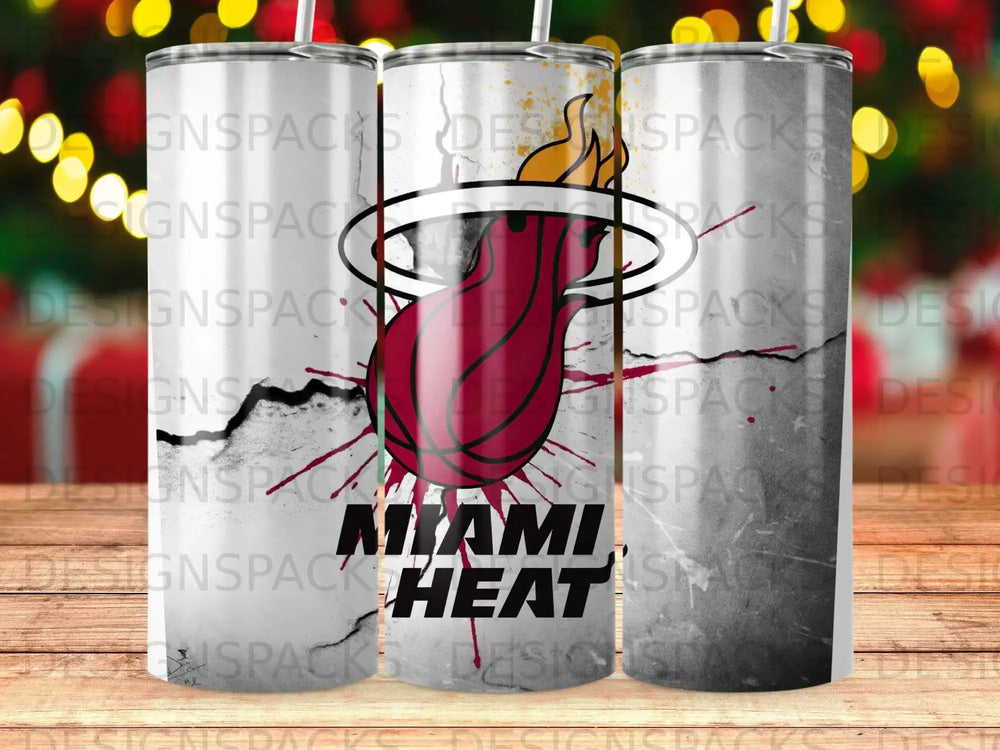 Miami Heat logo on a skinny tumbler with a gradient red background.