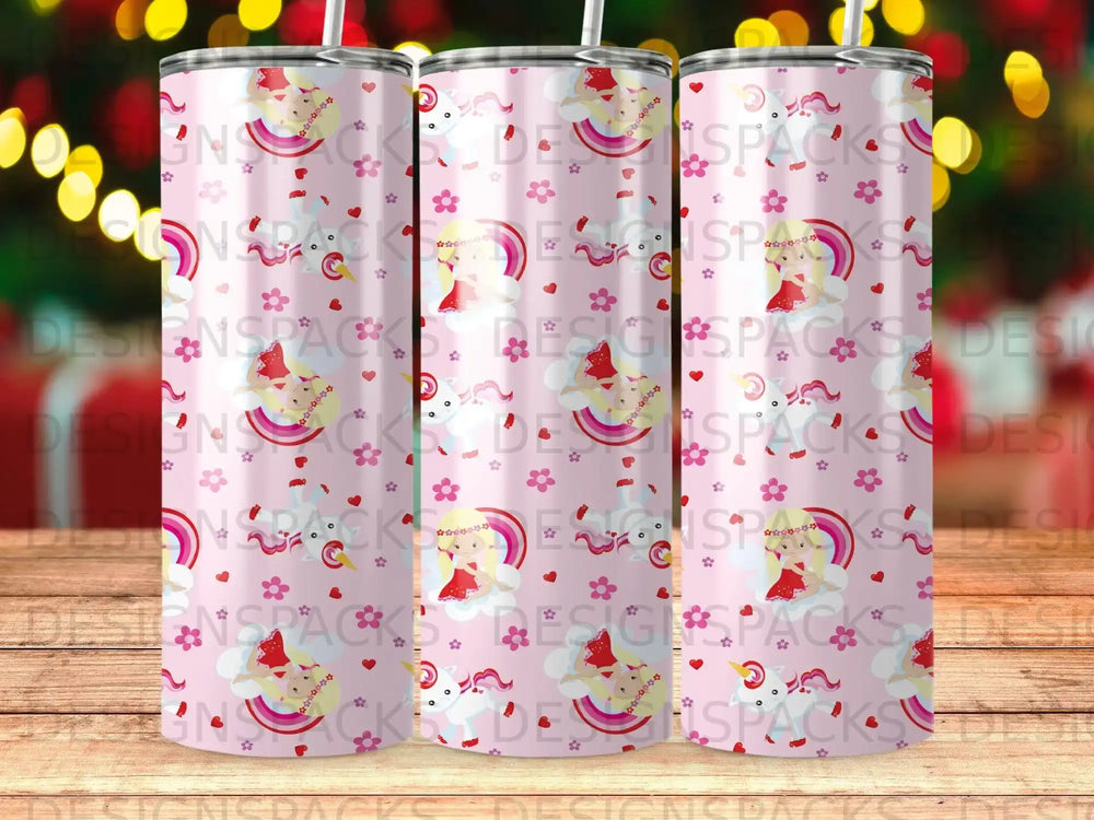 Pink tumbler with cartoon girl, rainbow, and stars design.