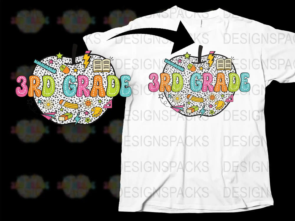Colorful 3rd Grade Teacher T-Shirt, Fun School Doodle Design, Unisex White Graphic Tee for Educators