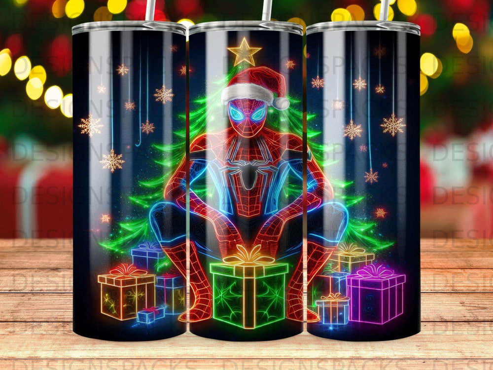 Spider-Man in Santa hat crouches by a Christmas tree and gifts, illuminated by neon lights.