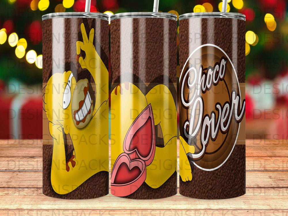 Three tall tumblers with a "Choco Lover" design and heart-shaped candy.