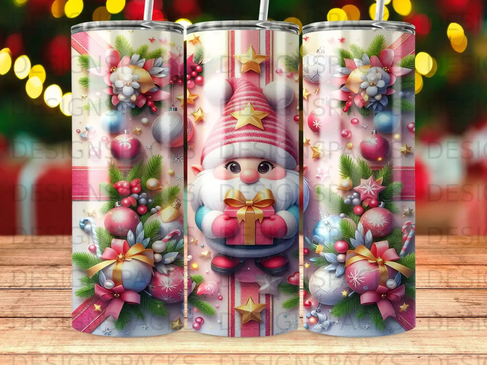 Gnome in festive hat holding gift with ornaments and candy canes.