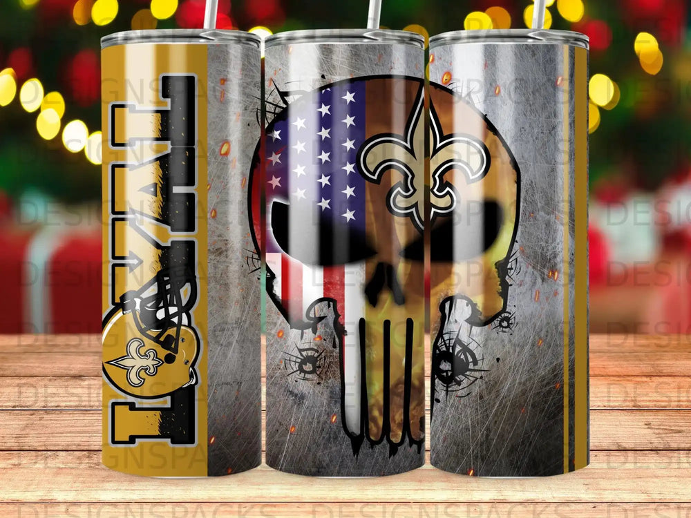 New Orleans Saints skull with American flag, on a textured background.