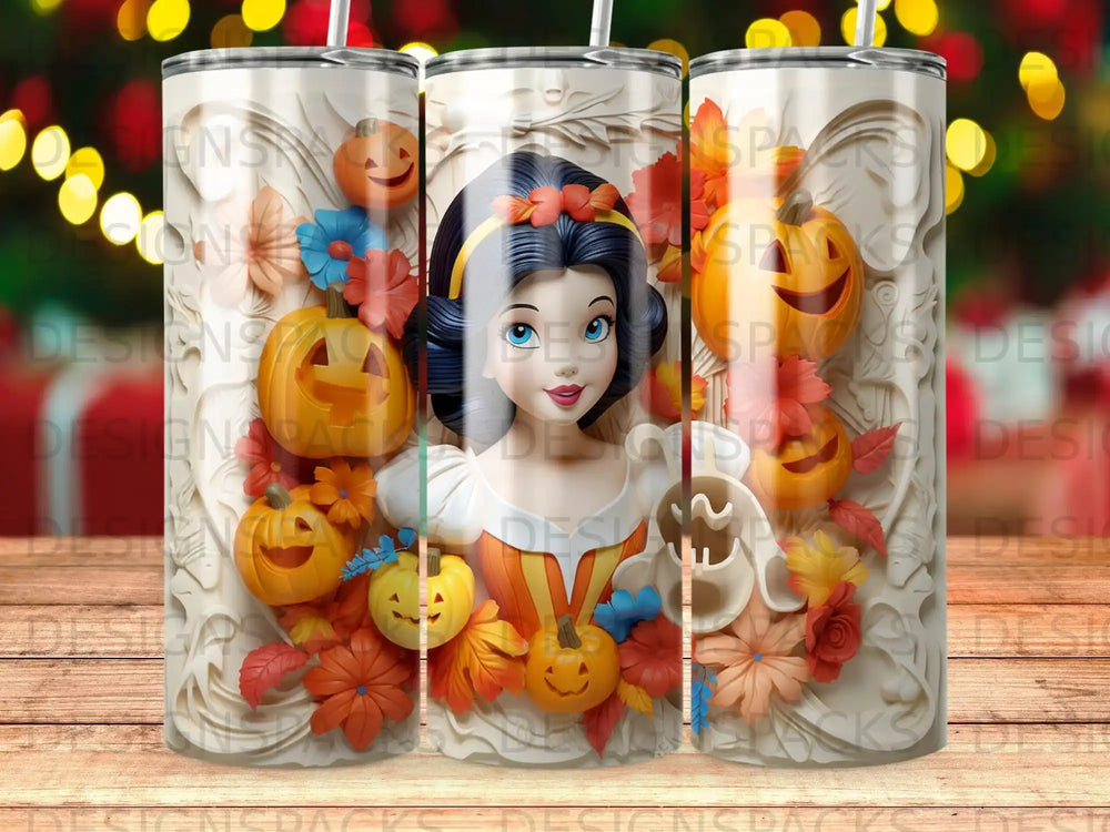 Snow White surrounded by pumpkins, fall flowers, and leaves.