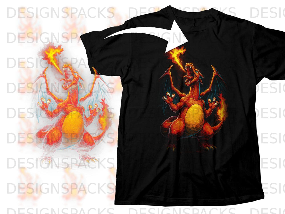 Black t-shirt with red dragon breathing fire graphic design.